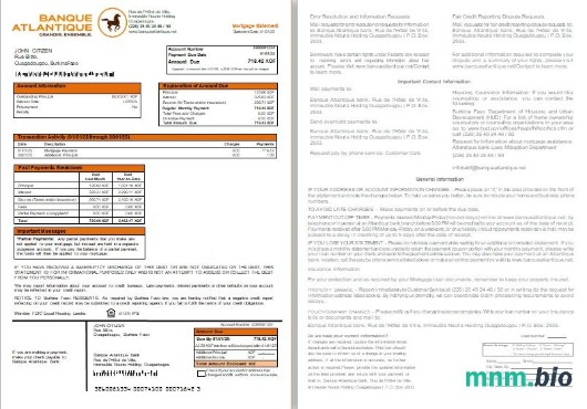 Burkina Faso Bank Atlantique wyciąg z kredytu hipotecznego, 2 strony, 1-2